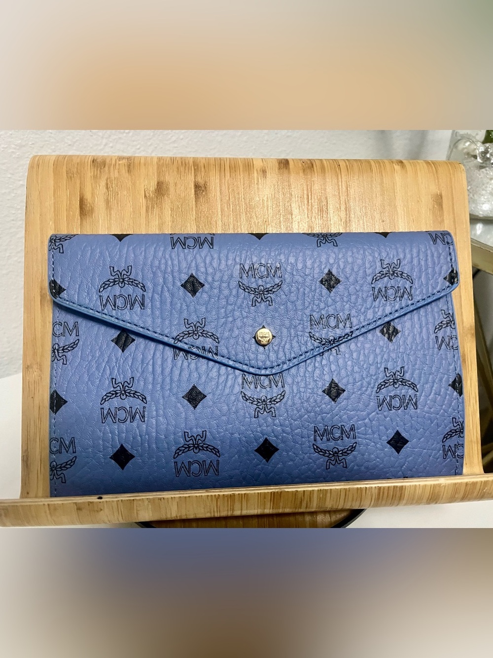 EUC MCM Blue Visetos Envelope Clutch with Box